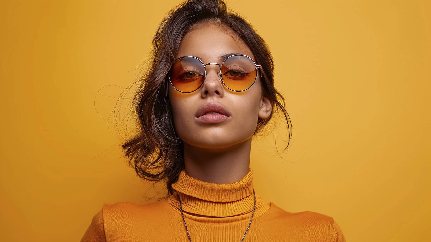 Mulher usando óculos de sol redondo com lentes alaranjadas