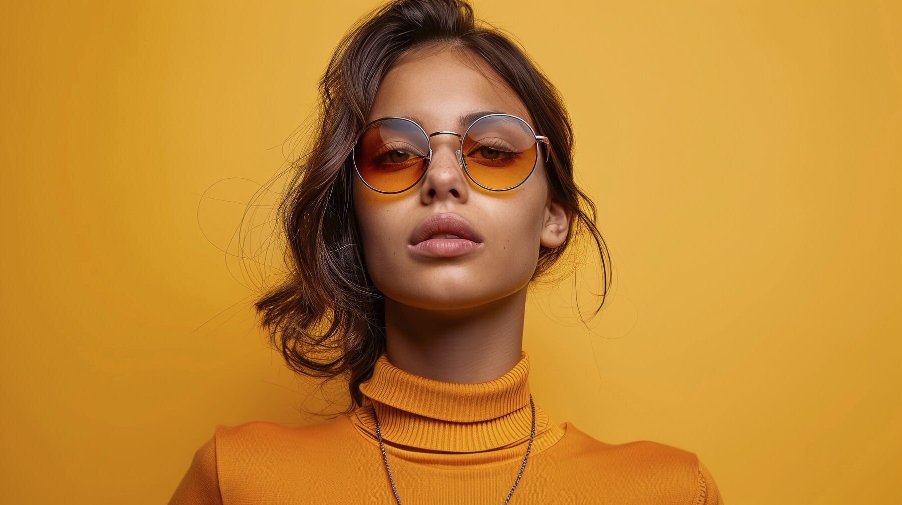 Mulher usando óculos de sol redondo com lentes alaranjadas