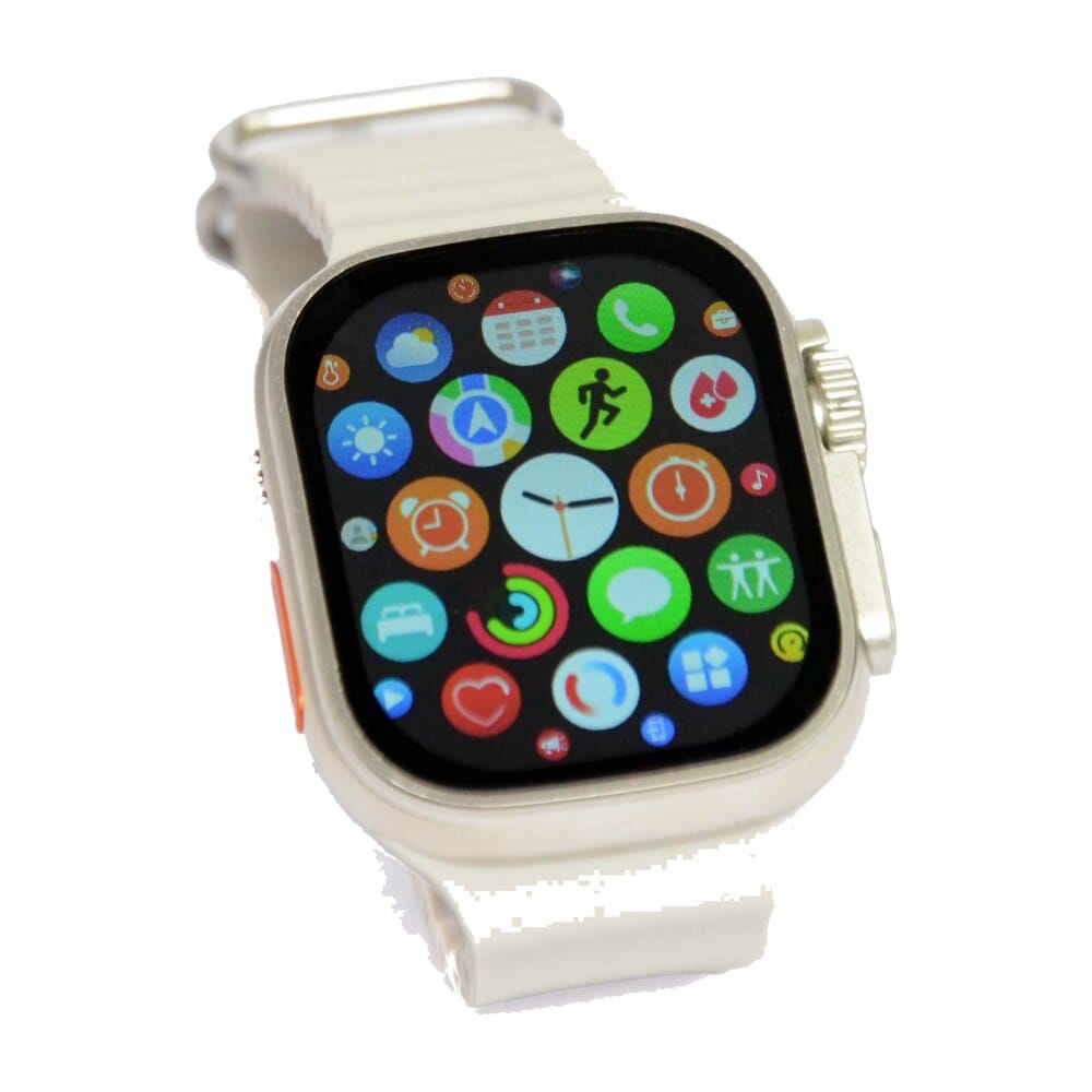 Smartwatch branco com tela de aplicativos